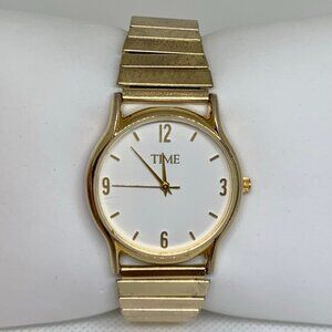 Time women’s gold tone watch 33mm round case quartz stretch band size 7” running